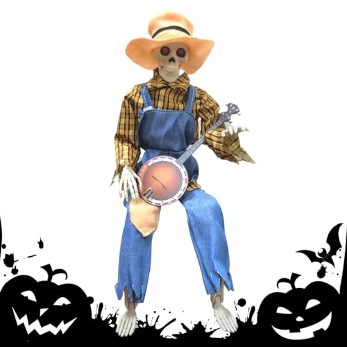 Eoixuqba ハロウィンスケルトン、23.6インチ アニメーション ハロウィン バンジョースケルトン | ジョイント調節可能な音楽小道具 休日のディスプレイ 屋内パーティー 秋 お化け屋敷 芝生 庭