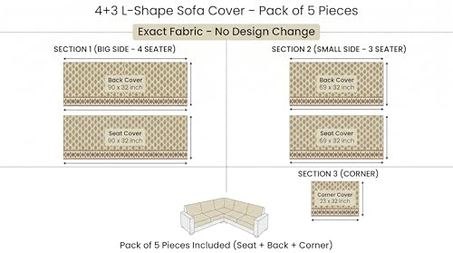 Image of Luxury Sofa Cover L Shape 7 Seater - Beige Diamond Jacquard 4+3 Seater (7 Seater) Quilted Sofa Cover Set Pack of 5, Washable, Beige Gold