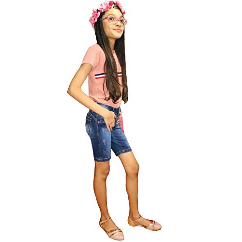 Bermuda Jeans Com Licra Infanto Juvenil Feminina  (Azul Estourado, 12 Anos)