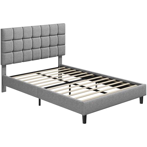 Yaheetech Gestoffeerd bed, tweepersoonsbed met in hoogte verstelbaar hoofdeinde, stabiel bedframe, stoffen bed met lattenbodem, gevoerd bedframe, lichtgrijs