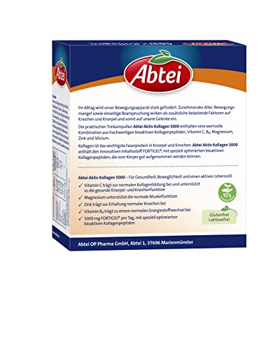 Abtei Aktiv Kollagen 5000 - Für gesunde Knochen, Knorpel und Muskeln - mit Vitamin C, Magnesium und Zink – laborgeprüft und zuckerfrei - 1 x 10 Trinkampullen à 25 ml