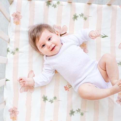 Image of Nap Mat Sheet 47 inchx24 inch, 3 Pack Pink Floral Baby Crib Sheets Fitted Elastic Corners, Preschool Day Care Rest Mat Cover, Soft Breathable - Compatible with Regalo My Cot, Joovy Travel Cot