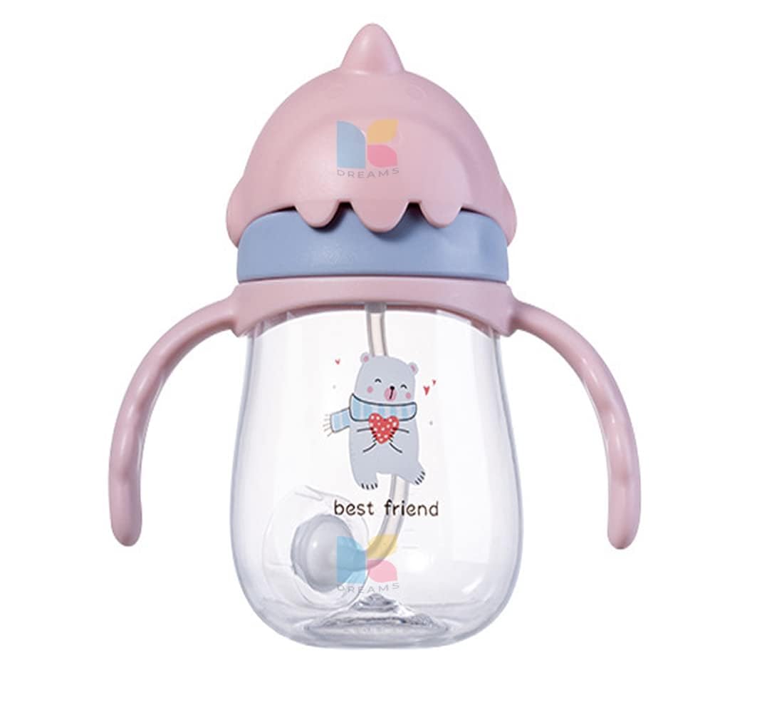 Plastic New Sipper Bottle Cute Design Training Sipper Cup with Handles Soft Silicone Straw Leakproof Sipper with Straw Water Bottle for Kids (Pink)-image-1