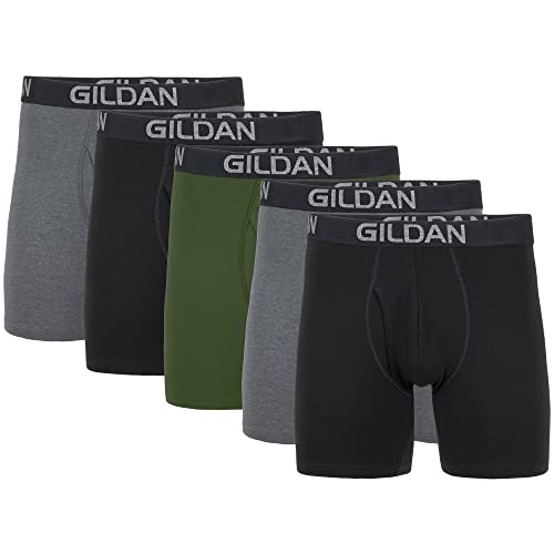 Gildan Men's Underwear Cotton Stretch Boxer Briefs, Multipack, Heather Dark Grey/Black Soot/Green...