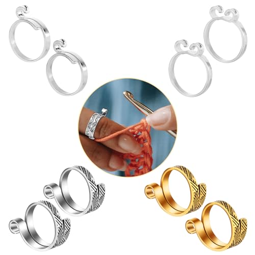 8pcs Adjustable Crochet Rings, Knitting Crochet Loop Rings Open Yarn Tension Ring Yarn Guide Finger Holder Brass & Silver Knitting Thimble Ring for Crocheters Crocheting Figures(4 Styles)