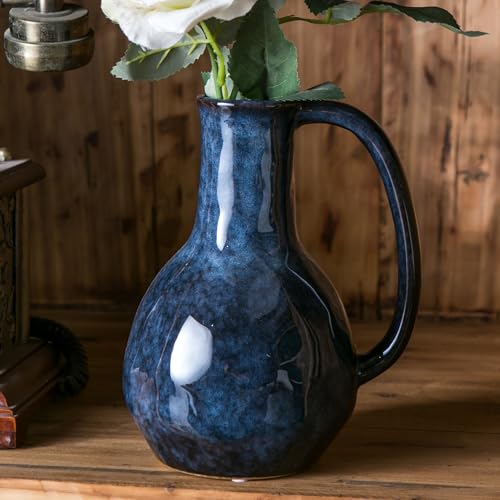Blue Ceramic Vase with Big Handles Modern Farmhouse Vase for Home Decor Rustic Pottery Vase Decorative Terracotta Vase for Flowers Vintage Centerpieces for Dining Table