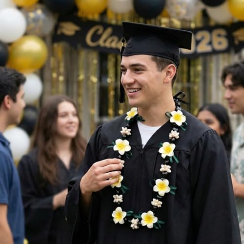 Janinka 42\" Extra Large Hawaiian Graduation Black Kukui Nut Leis with Plumerias Handmade Flower Necklace Ribbon Bow Tie Grad Gift for High School College Grad Women Men Hawaiian Graduation Party Gift
