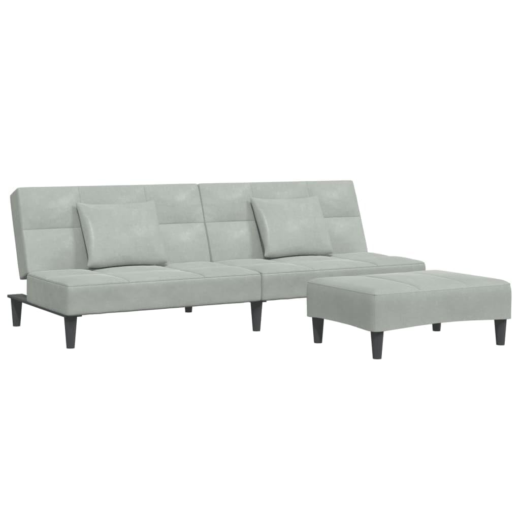 Sofa do spania 2-osobowa z podnóżkiem, jasnoszary aksamit, funkcja przekształcania, wytrzymała drewniana rama, do salonu i pokoju gościnnego, łącznie z poduszkami