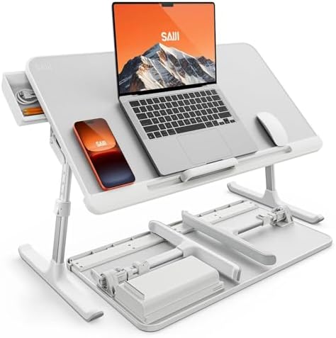 SAIJI Laptop Bed Table,Adjustable PVC Leather Laptop Table, 4 Heights & 4 Angles,Portable Large Desk with Storage Drawer,Foldable Perfect Desk for Work, Study, Reading & More - White (33x60 cm)