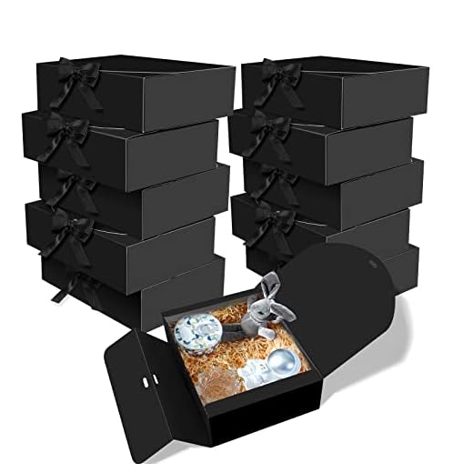 BoShahai 10 PCS Gift Boxes with Lids, 10.6x7.8x3.1 Inch Kraft Paper Gift Box, Black Gift Boxes with Ribbon, Bridesmaid Proposal Box for Wedding, Packaging, Present, Birthday, Cupcake Boxes
