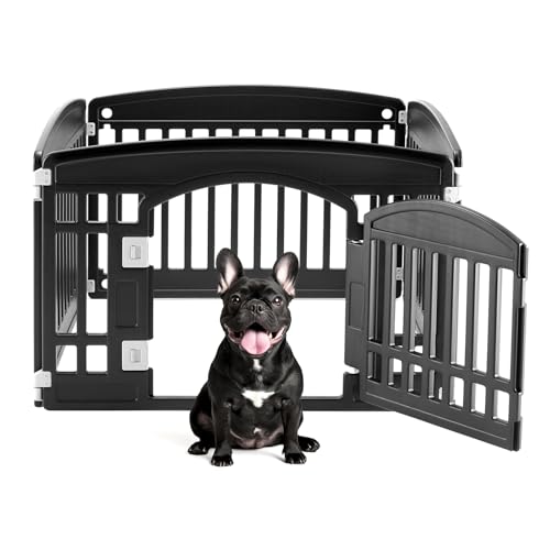 DUMOS Dog Playpen 4 Panel 24 Plastic Exercise Indoor Pen with Door Small Puppy Medium Dogs Animal Pet Fence for Outdoor Garden Yard RV Camping - Black
