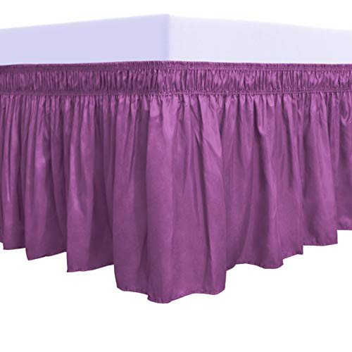 PureFit Wrap Around Ruffled Bed Skirt with Adjustable Elastic Belt - 14 Inch Drop Easy to Put On, Wrinkle Free Bedskirt Dust Ruffles, Bed Frame Cover for Queen, King and C-King Size Beds, Purple