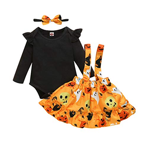 Halloween Baby Girl Clothes, Thanksgiving Toddler Girl Outfit Ruffle Top+Pumpkin Print Skirt Sets+Headband Black