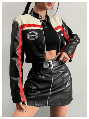 Verdusa Women's Motocycle Jacket Leather Jacket Zip Up Long Sleeve Crop Bomber Jackets4