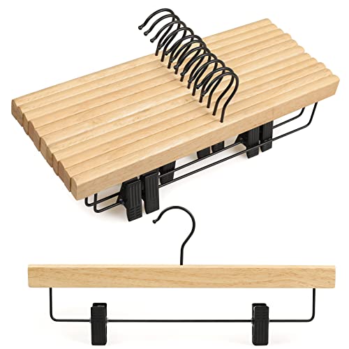 TOPIA HANGER Hosenbügel 10 Stück, Holzbügel mit Clips und drehbarem schwarzem Haken, langlebige Naturkautschuk-Holzbügel für Schrank mit schwarzem Zubehör für Hosen, Jeans, Shorts - CTS02N Cover