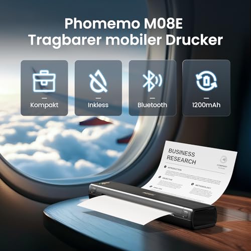 Phomemo M08E Mobiler Drucker A4 für Unterwegs - Tragbarer Thermodrucker A4 Kabelloser Bluetooth Drucker - Drucker Ohne Tinte für iOS, Android, Büro, Haus, Auto, Schule, Wohnheim, Schwarzes