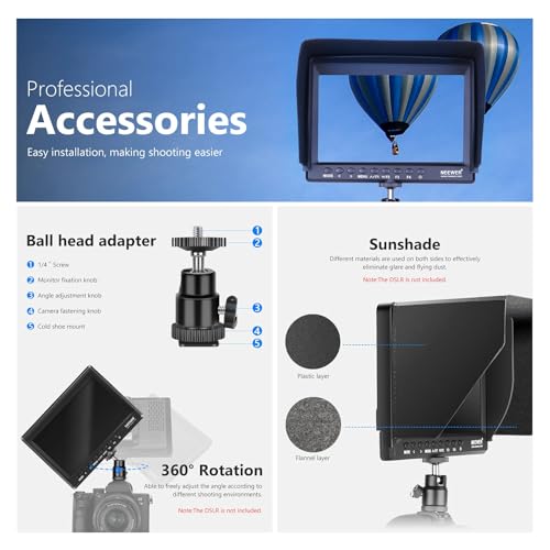 Image of NEEWER F100 7 inch Camera Field Monitor Updated Version, 450nit HD Video Assist IPS 1280x800 HDMI 1080p Peak Focus Histogram, Sunshade for DSLRs Handheld Stabilizer Film Making Rig, NO Battery