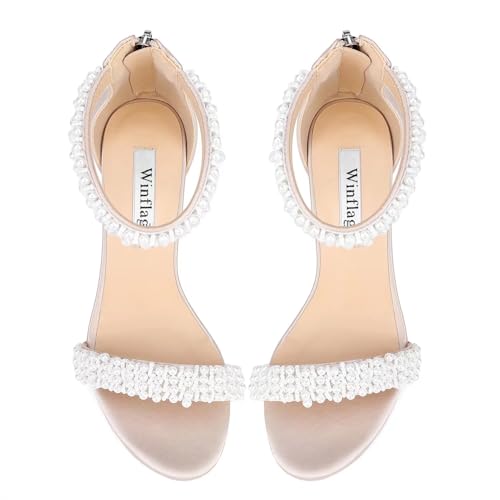 Image of Block Heel Wedding Sandals Pearl Heels Open Toe Wedding Shoes for Bride Bridal Shoes
