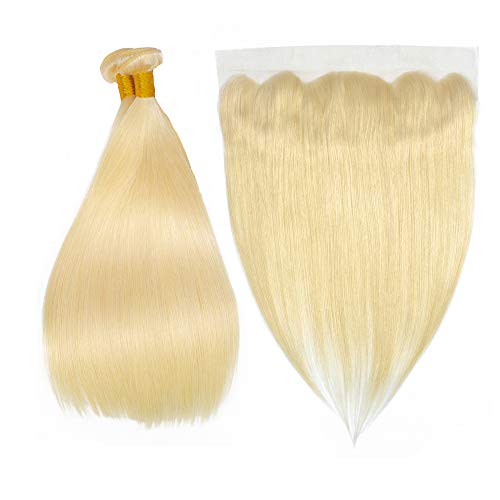 JGMI Hair 613 Platinum Blonde Human Hair Bundles with Frontal Brazilian Straight Hair Bundles with 13x4 Frontal 100% Virgin Human Hair Weft (12" 12"+12"frontal)