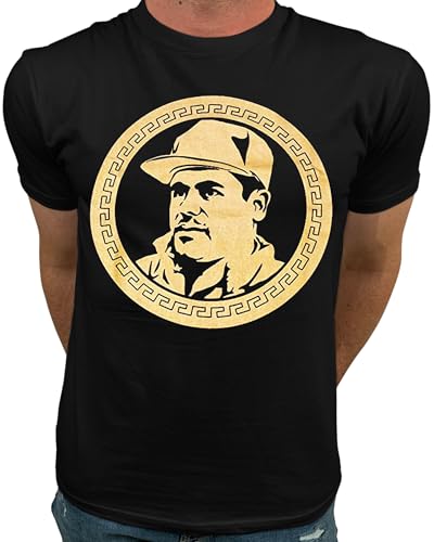 Gold Print Graphic T-Shirt Iconic El Chapo Portrait Design Casual Streetwear Tee - Black L
