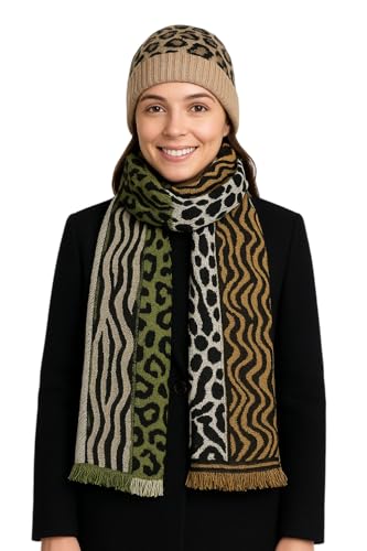 Reversible Wool Blend Winter Scarf for Women – 70x180cm Thick & Soft Animal Print Wrap – Green & Gold Leopard Zebra Pattern – Cozy Cold Weather Gift Shawl