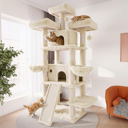 Image of SHA CERLIN 81 Inches Extra Large Cat Tree for Indoor Adult Cats /XXL Big Cat Tower with Condo /Cozy Perches /Sisal Scratching Posts and Hammocks /Activity Center /F80 /Heavy Duty /Beige