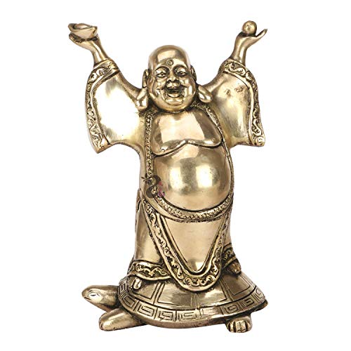 Artvarko Bouddha rieur sur une tortue en laiton Statue de 22,9 cm Feng Shui Bouddha rieur debout sur une tortue Homme heureux pour la chance, la richesse et la...