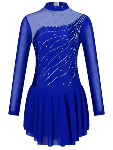 Jhaoyu Vestido de patinaje artístico para niña, con lentejuelas, vestido de ballet, manga larga, de tul, empalme, leotardo, ropa de ballet, talla 104-164, Azul real A., 110-116