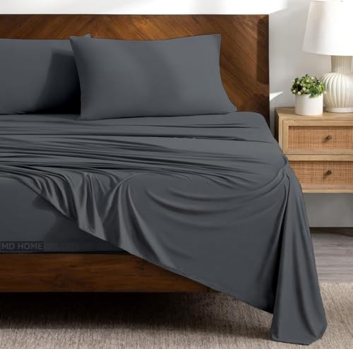 Extra Deep Pocket Full XL Sheet Set, 4 PCs Bedding Set, 100% Egyptian Cotton, 400 Thread Count, 22-Inch Deep Pocket Fitted Sheet with Elastic All Around, Soft, Breathable, Durable, Dark Grey Solid