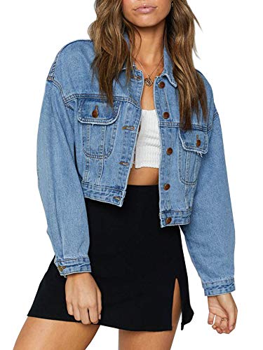 Justalwart Women Cropped Jean Jacket Oversized Mid Wash Raw Edge Denim Jacket (XL, Cropped Jacket Blue Washed)