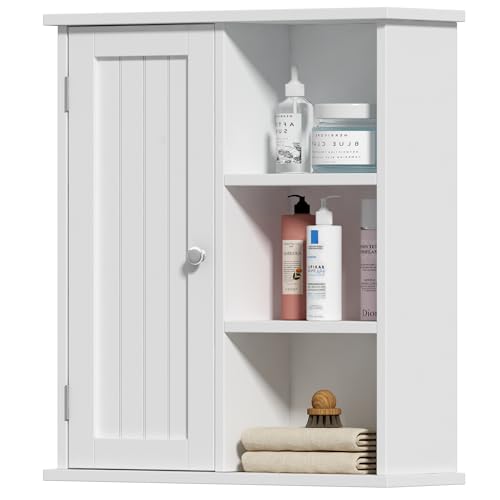 Treocho Bathroom Wall Cabinet, Medicine Cabinet with Door and 3 Open Shelves, Wall Mounted Storage Organizer for Bathroom, Kitchen, Living Room, White