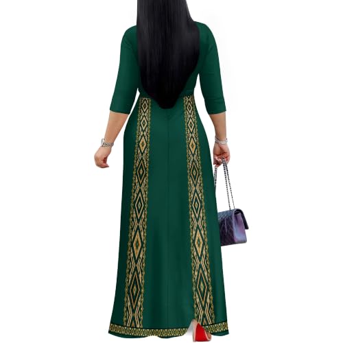 Image of Plus Size Maxi Dress for Women V Neck 3 /4 Sleeve Wrap Dress Green M | Green Floral Women's Maxi Dress for Wedding