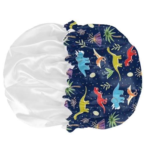 Image of Kids Satin Hair Bonnet, Colorful Dinosaur Palm Tree Design, Sleep Cap with Elastic Band, Head Hair Cover Night Cap Indoor Outdoor Sleeping Beanie Headwear for Toddler Baby