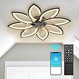 Fszusg 35'' Ceiling Fans with Lights,Bladeless Ceiling Fan Lights and Remote, Flush Mount Dimmable LED Light,Modern Low Profile 6 Speed Wind Timing for Bedroom 90W (Black), 35.4INx5.5IN