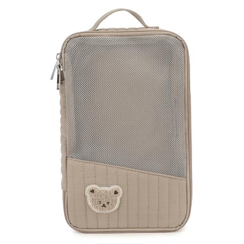 Bolsa para pañales, bolsa organizadora para pañales con diseño de oso de dibujos animados, de almacenamiento portátil y colgante para artículos esenciales de viaje para bebés (marrón)