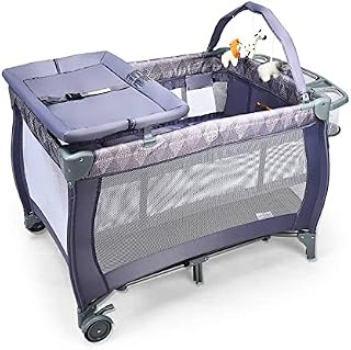 Maxmass 3-in-1 Baby Travel Cot, Foldable Infant Crib with Changing Table, Storage Shelves, Carry Bag and 3 Hanging Toys, Bedside Bassinet for Newborn Toddlers (Grey)