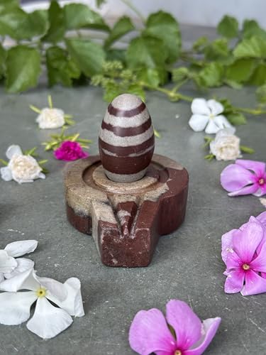 Image of Shivam VASTU AKAL 1.5 inch Original Narmadeshwar Narmada Shivling with 3 inch Narmada Stone Yoni Base Jaladhari (Janeudhari Shivling, Multicolor Flate Jaladhari)