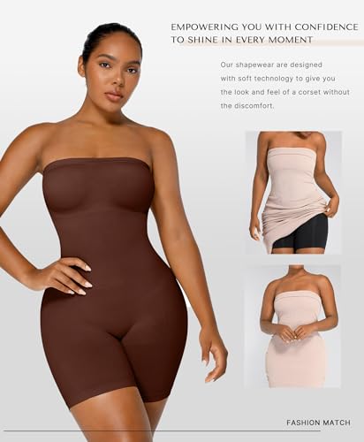Image of SHAPELLX Women's Shapewear Bodysuits Tummy Control Butt Lifter Body Shaper Strapless Seamless Mid Thigh Jumpsuit Tops