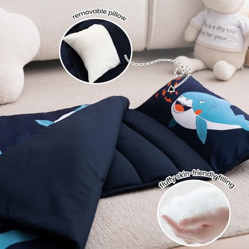 Image of PHF Soft Toddler Nap Mat with Removable Pillow, Rollup Design Kids Sleeping Mat, Slumber Bags for Boys, 55 inchx23 inch Toddler Sleeping Bag for Daycare Preschool Travel Camping, Shark