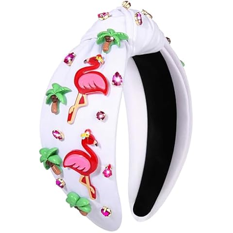 mokkia Flamingo Headband, Women Summer Beach Headband, Tropical Palm Tree Headband, Boho Hawaiian Headbands, Pink Crystal Top Knot Headband, Flamingo A Cover