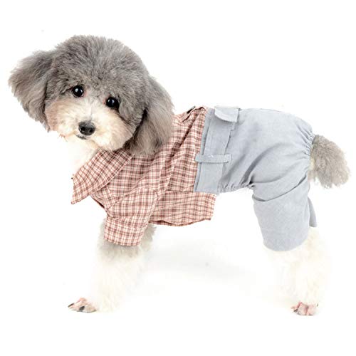 ZUNEA 犬服 つなぎ ロンパース 小型犬 チェック柄 着ぐるみ 春 夏 秋 ペット チワワ 猫服 おしゃれ 綿tシャツ 四足 ドッグウェア ウェディング パーティー コスチューム 服 お散歩 ピンク L