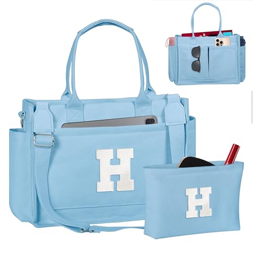 Image of Birthday Gifts for Women, Initial Tote Bag with Makeup Bag | Teen Girl Gifts Trendy Stuff, Back to Campus
