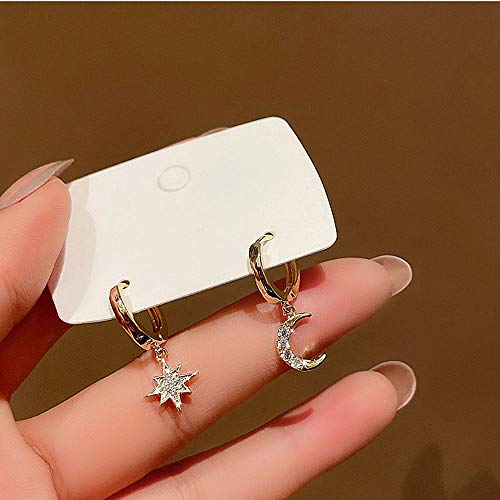 Crystal Moon Star Dangle Hoop Earrings For Women Teen Girls S925 Sterling Silver With Charms Asymmetrical Cz Diamond Drop Cartilage Cute Jewelry Delicate Fashion Birthday Gift Best Friend Gold Plated #TOP4