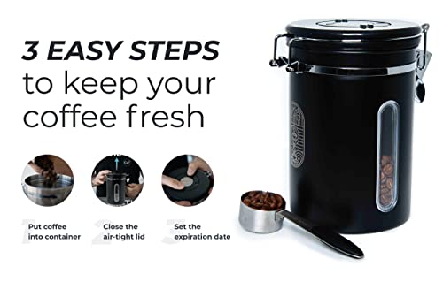 Alpaca Ventures Stainless Steel Coffee Canister - Airtight Kitchen Food Storage Container With Date Tracker, Co2-Release Valve And Measuring Scoop For Ground Coffee, Beans, Tea, Sugar, Large (Black) #TOP4