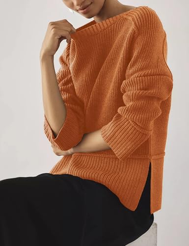Image of Women's Oversized Pullover Sweaters Crewneck Long Sleeve Casual Side Slit Warm Knit Sweater Top
