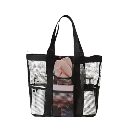 Mesh Beach Tote Bag, Large Black Travel Shopping Bag with Pockets, See-Through Design