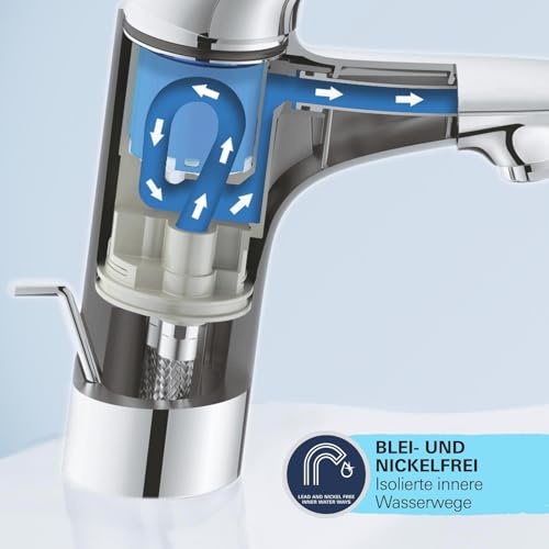 GROHE StartEdge, Waschtischarmatur, wassersparend (Wasserhahn für das Bad, 15cm hoch, Badarmatur mit Pop-Up Ablauf, mit 3in1 Werkzeug für eine einfache Installation am Waschbecken), chrom, 23898001