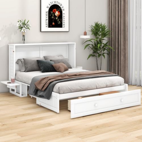 Letto A Scomparsa Mobile Con Cassetti Ai Piedi Del Letto E Piccolo Ripiano Sul Lato Del Letti A Piattaforma Trasformabili bed Singolo Per AdultiPer Gli Ospiti Senza materasso Bianco 140x200