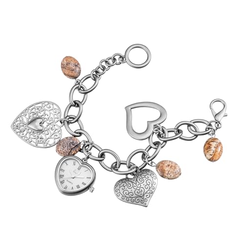 JewelryWe Heart Charm Bracelet Watch: Women's Vintage Jewelry Watches Silver Chain with Natural Stone Pendants and Heart-Shaped Dial Analog Quartz Wristwatch for Mother Lover and Ladies