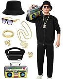 Asuaxy 80s 90s Halloween Costumes for Adults Outfit for Men Tracksuit Hip Hop Rapper Costume Retro Track Suit Sportswear Joggers Pants Set (Black XL)